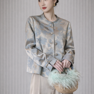 Silver Cloud Brocade Jacket – Modern Mandarin Collar Floral Jacquard Blazer