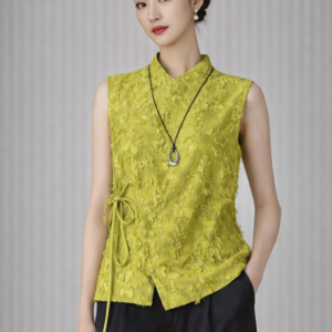 Lime Jade Textured Mandarin Blouse – Modern Sleeveless New Chinese Top