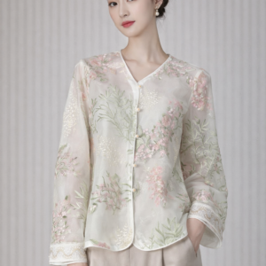 Blush Garden Sheer Embroidered Jacket – Floral Organza Mandarin Blouse