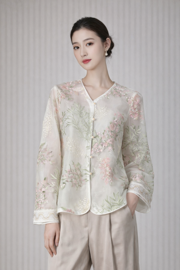 Blush Garden Sheer Embroidered Jacket – Floral Organza Mandarin Blouse