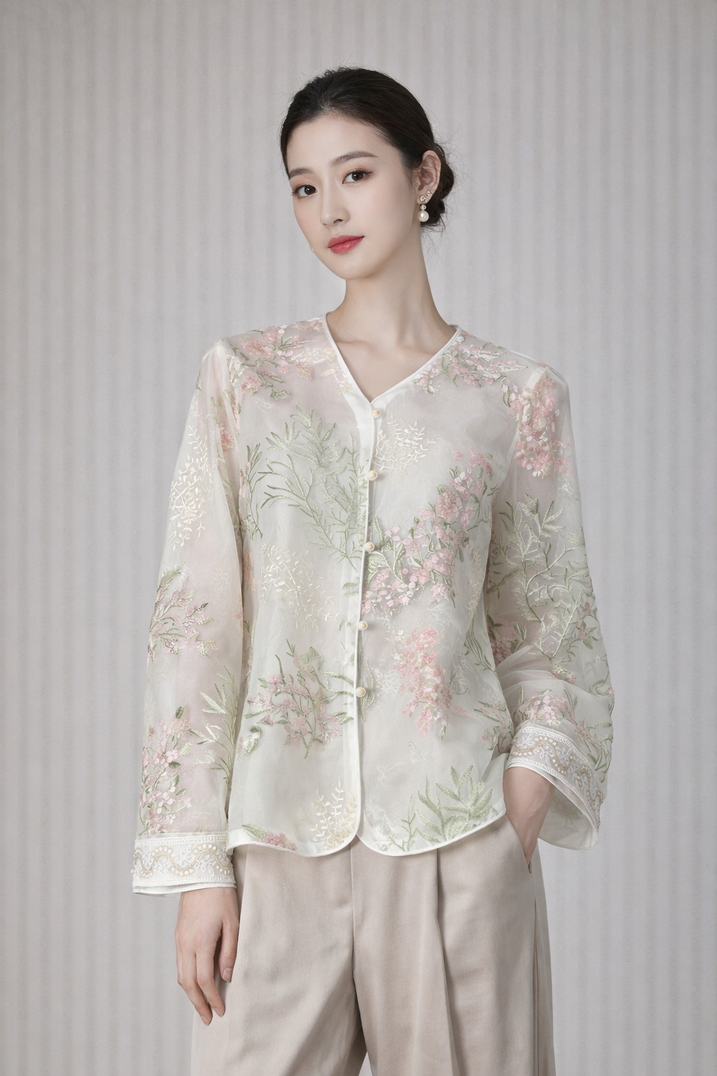 Blush Garden Sheer Embroidered Jacket – Floral Organza Mandarin Blouse