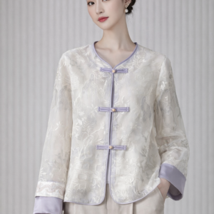 Lavender Mist Embroidered Organza Jacket – Landscape Mandarin Blouse