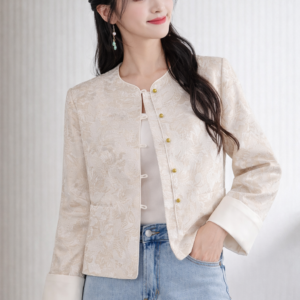 Ivory Whisper Jacquard Jacket – Modern Mandarin Collar Everyday Blazer