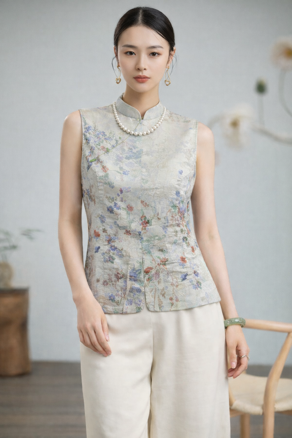 Embroidered Vest | Vintage Floral Jacquard Sleeveless Top - Image 3