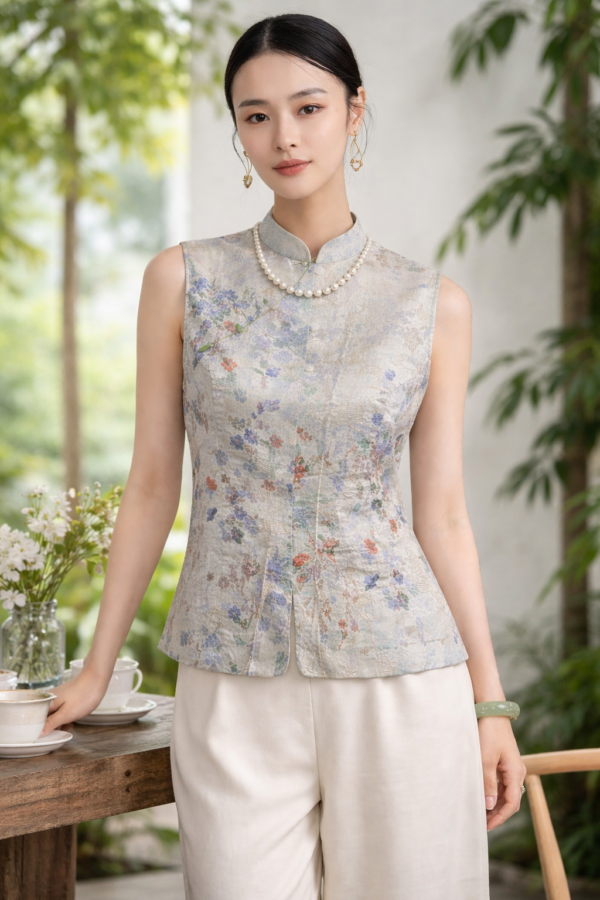 Embroidered Vest | Vintage Floral Jacquard Sleeveless Top