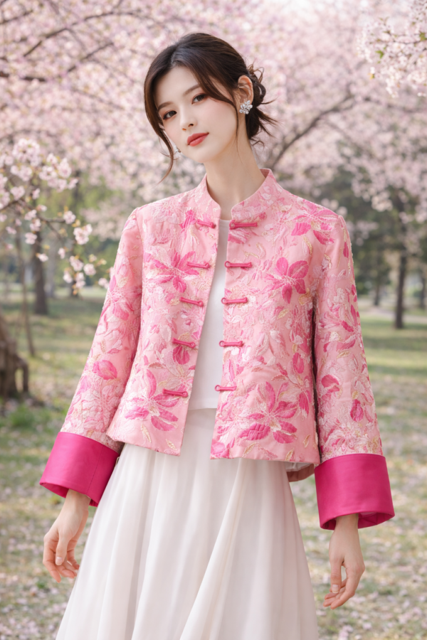 Blush Pink Floral Jacquard Mandarin Jacket – Modern Chinese Embroidered Spring Coat with Frog Buttons