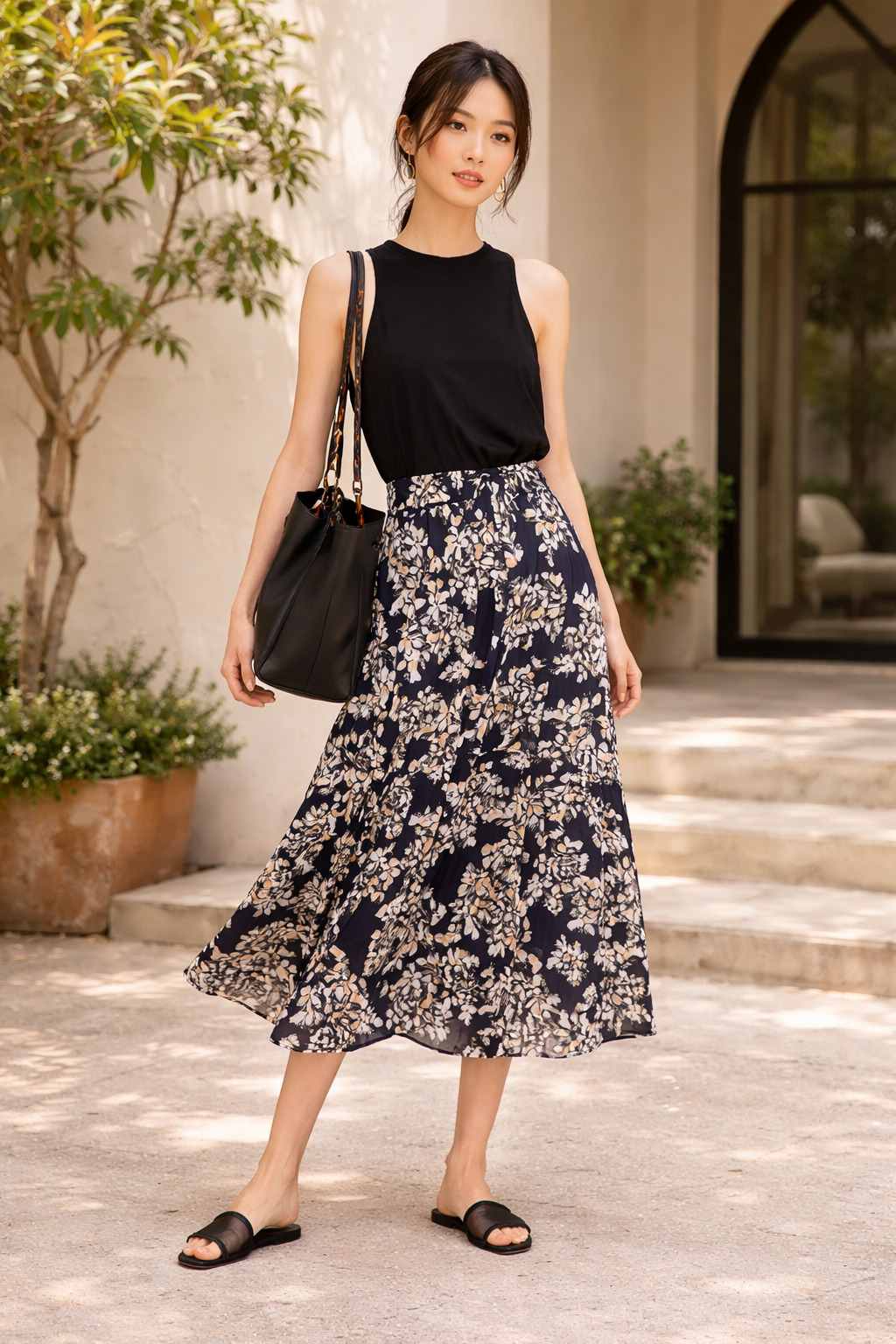 Midnight Blossom Mulberry Silk Midi Skirt - Image 3