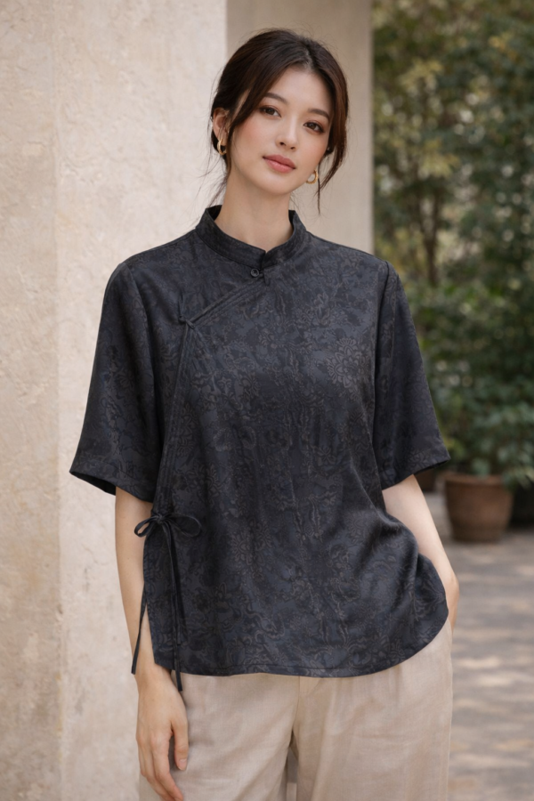 Obsidian Jacquard Mulberry Silk Wrap Blouse