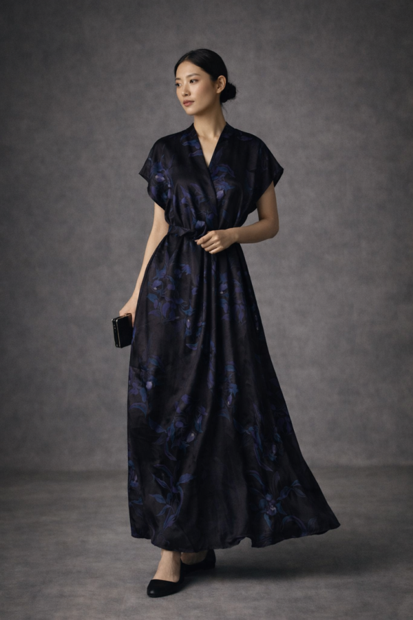 Midnight Orchid Mulberry Silk Wrap Dress