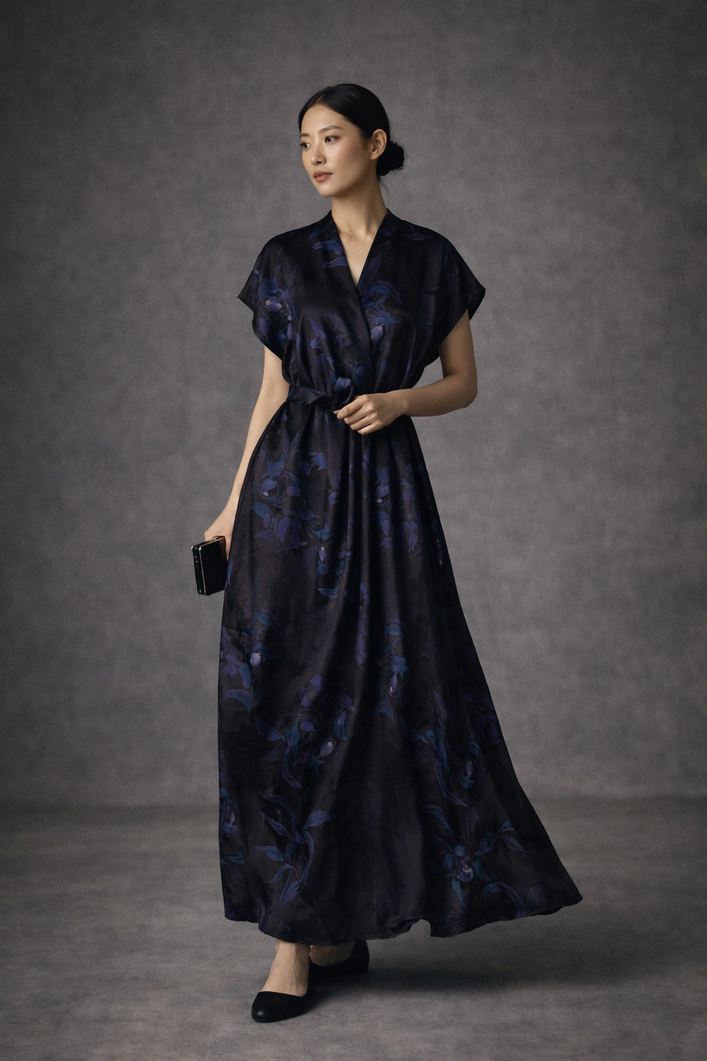 Midnight Orchid Mulberry Silk Wrap Dress
