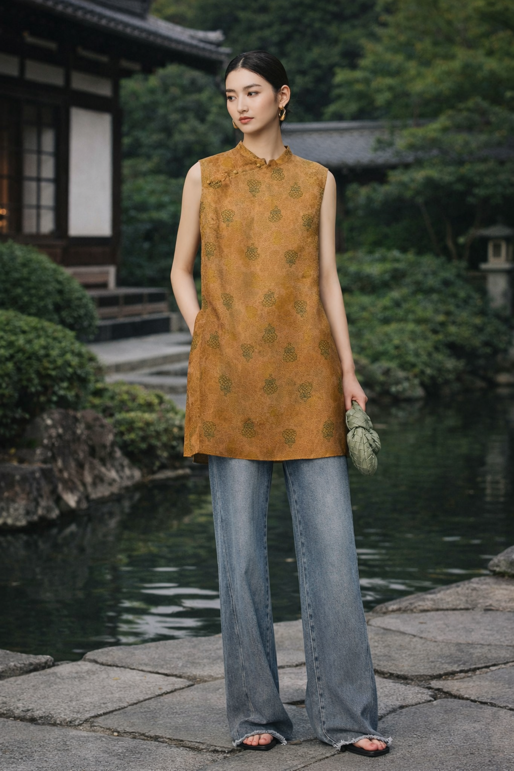 Golden Pine Mulberry Silk Mandarin Tunic - Image 3