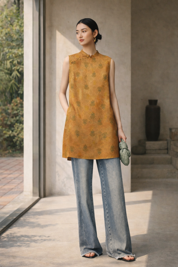 Golden Pine Mulberry Silk Mandarin Tunic