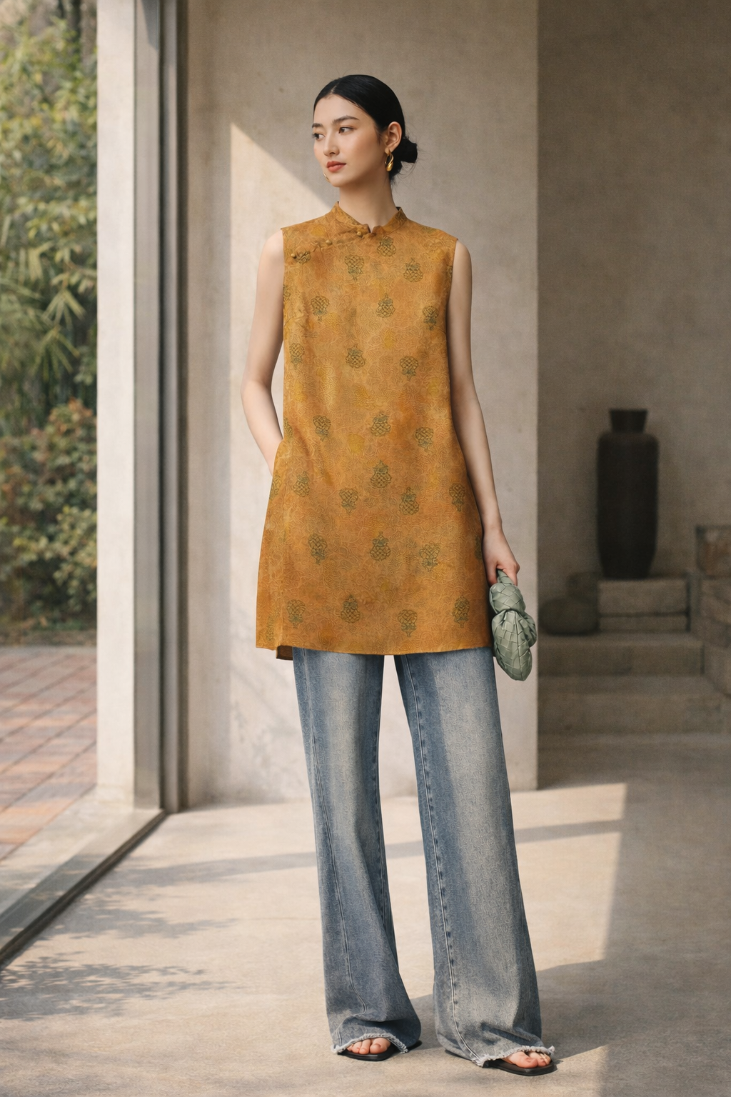 Golden Pine Mulberry Silk Mandarin Tunic