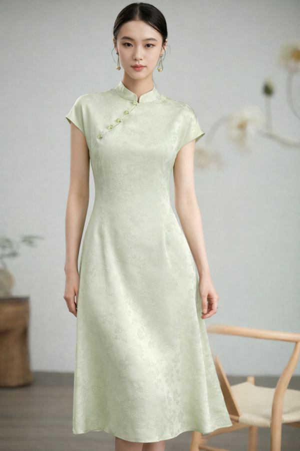 Celadon Jade Mulberry Silk Midi Dress – Cheongsam Inspired Floral Jacquard Silk