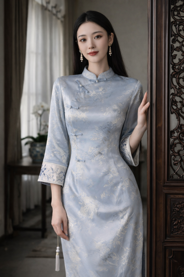 Silver Cloud Satin Cheongsam Dress Neo-Chinese Mandarin Collar | Modern Minimalist Evening Dress
