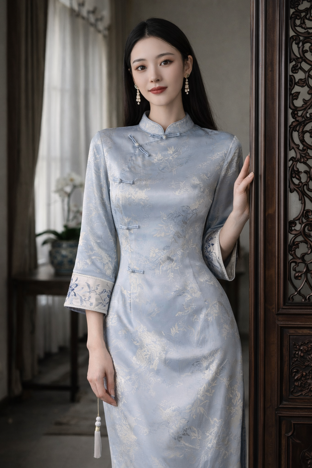 Silver Cloud Satin Cheongsam Dress Neo-Chinese Mandarin Collar | Modern Minimalist Evening Dress