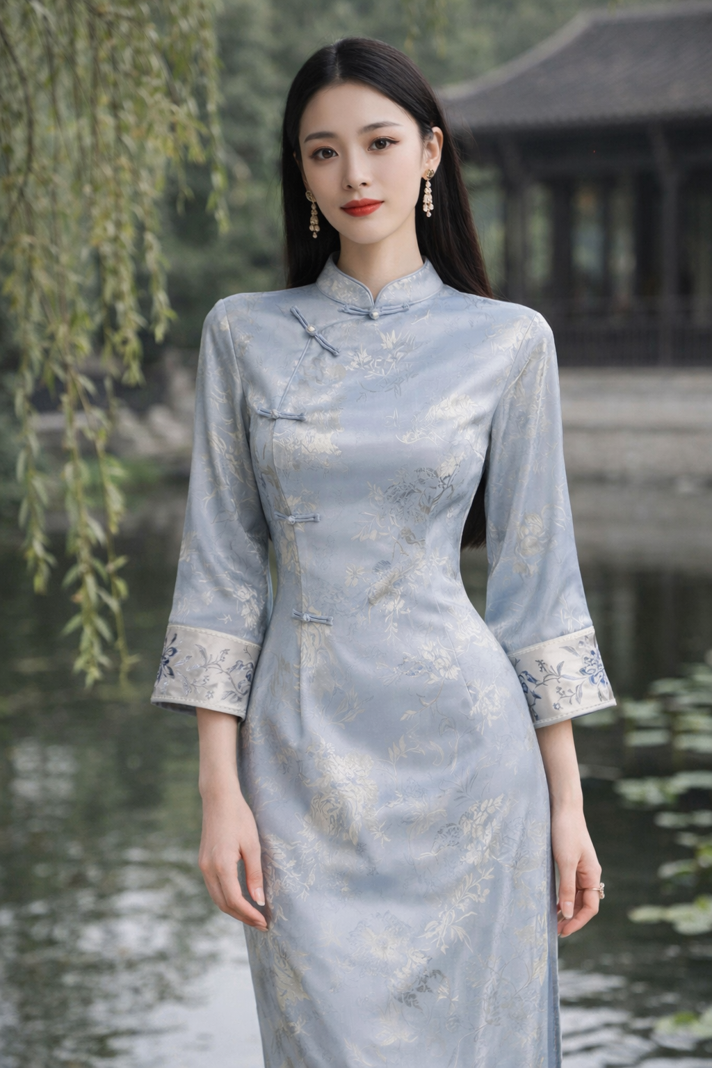 Silver Cloud Satin Cheongsam Dress Neo-Chinese Mandarin Collar | Modern Minimalist Evening Dress - Image 2