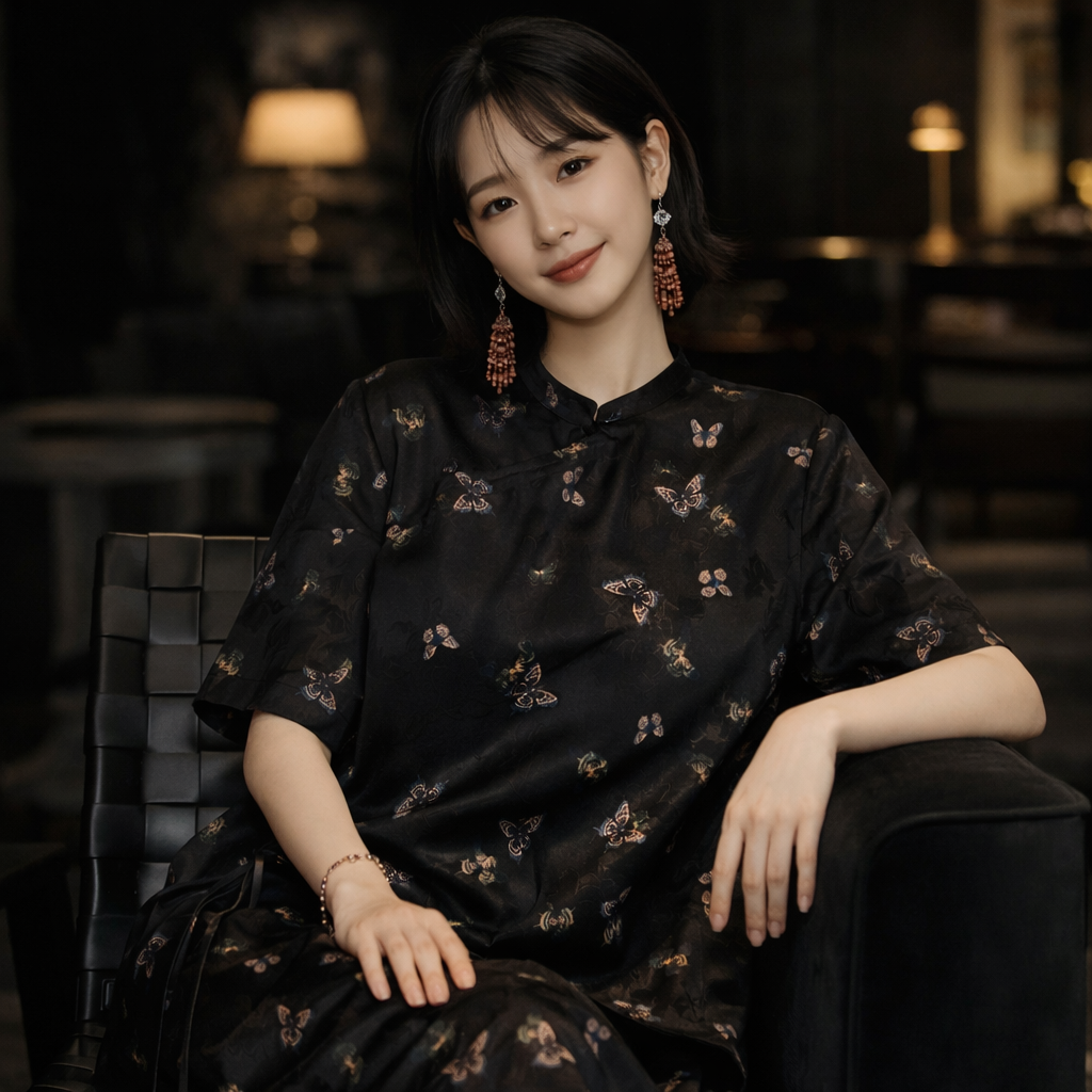 Midnight Butterfly Mulberry Silk Mandarin Blouse – Modern Chinese Silk Top - Image 4