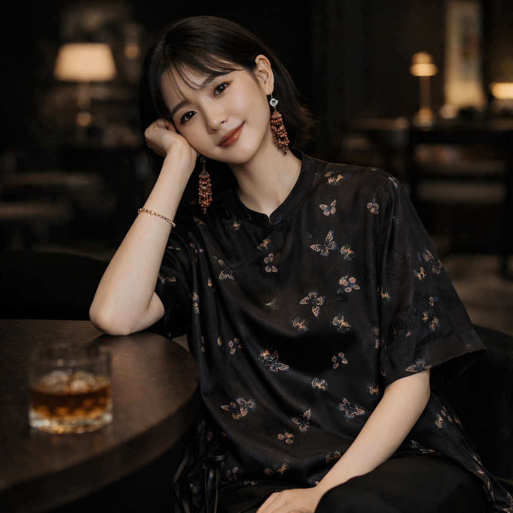 Midnight Butterfly Mulberry Silk Mandarin Blouse – Modern Chinese Silk Top - Image 3