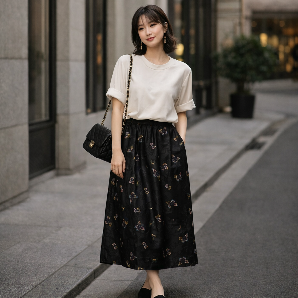 Midnight Butterfly Mulberry Silk Midi Dress – Modern Oriental Jacquard Skirt - Image 3