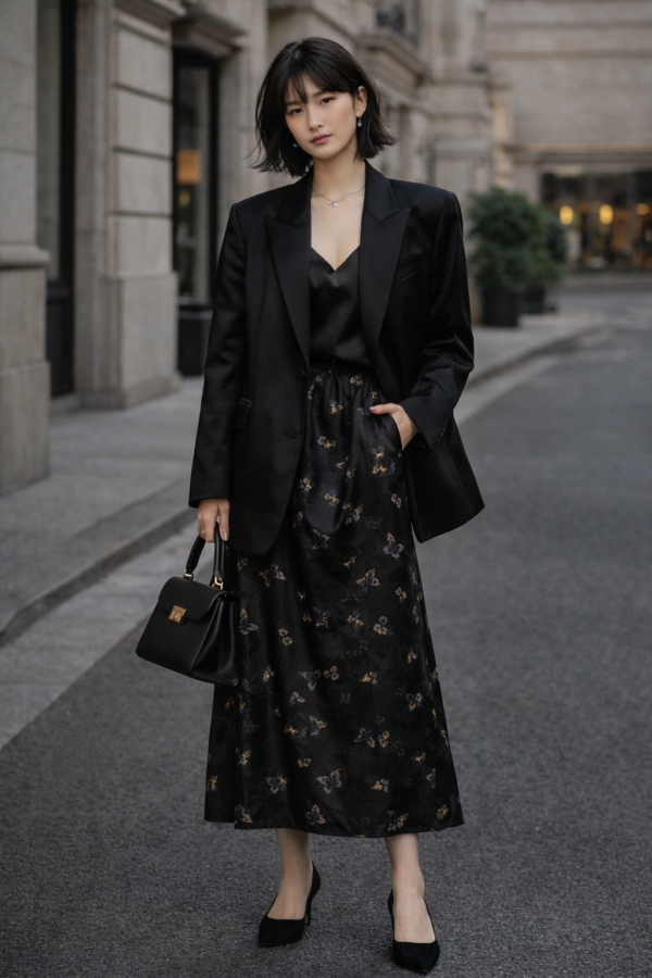 Midnight Butterfly Mulberry Silk Midi Dress – Modern Oriental Jacquard Skirt