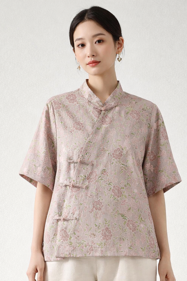 Blush Peony Mulberry Silk Mandarin Blouse – Modern Chinese Silk Top