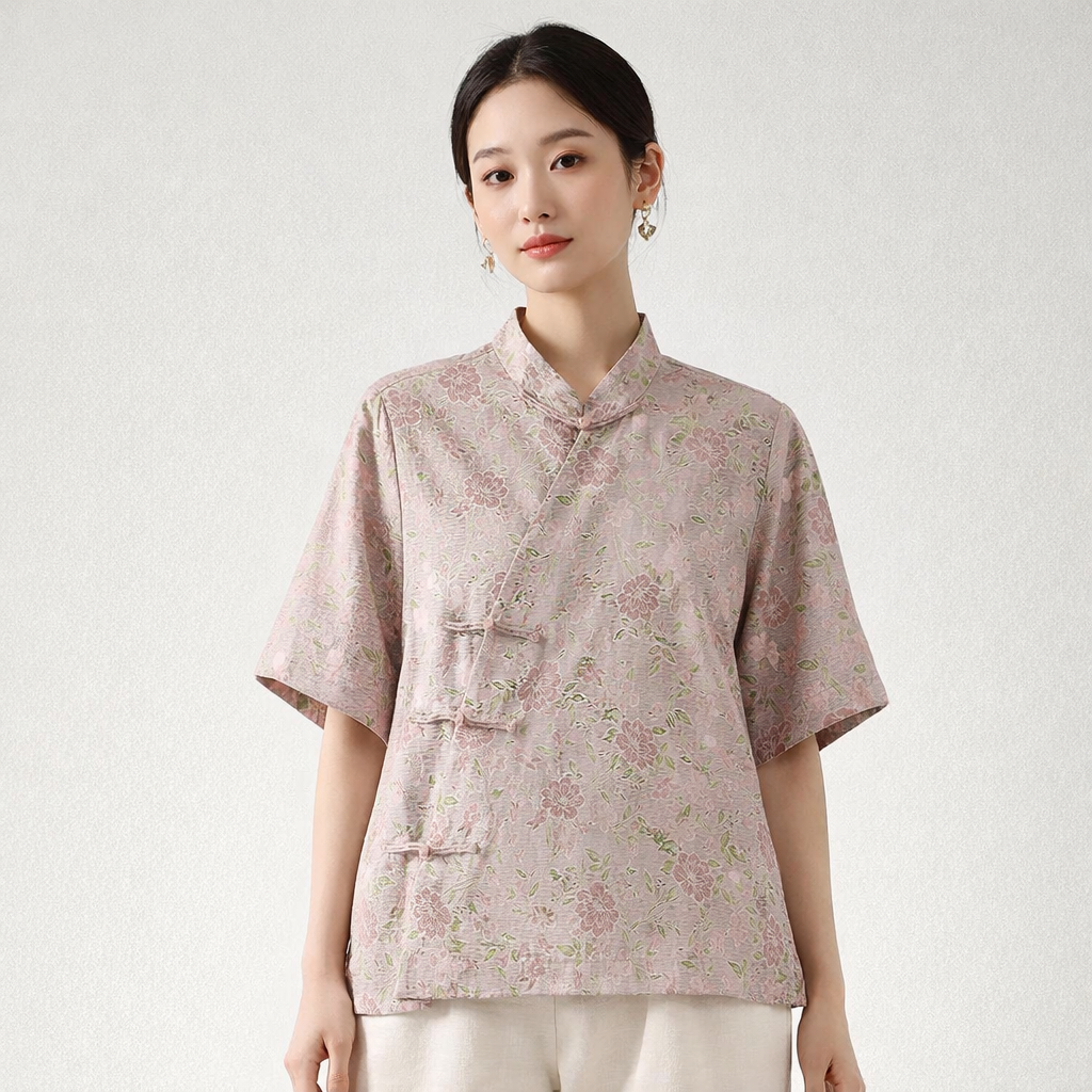 Blush Peony Mulberry Silk Mandarin Blouse – Modern Chinese Silk Top