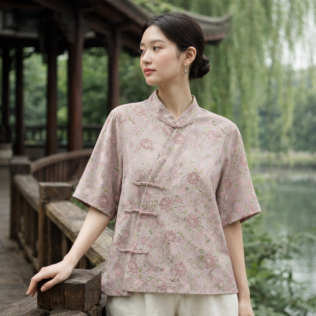 Blush Peony Mulberry Silk Mandarin Blouse – Modern Chinese Silk Top - Image 3