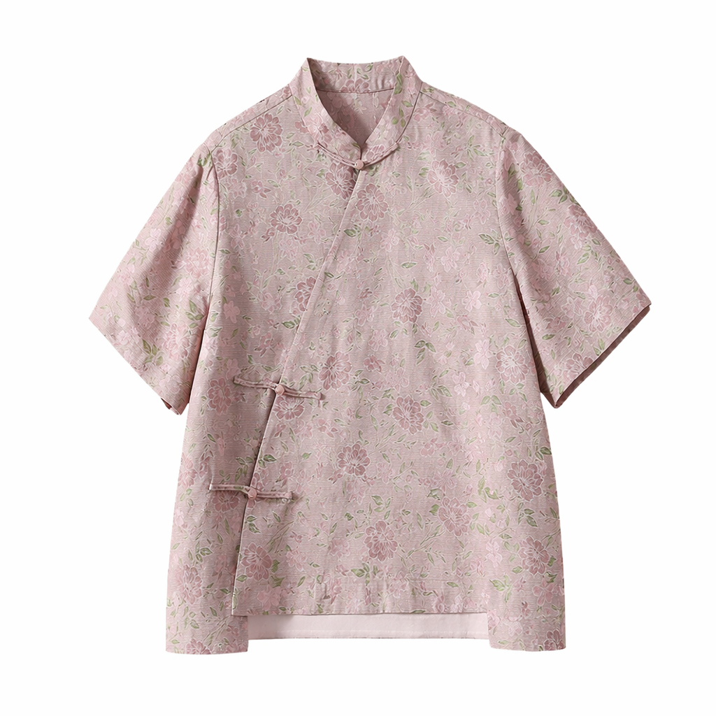 Blush Peony Mulberry Silk Mandarin Blouse – Modern Chinese Silk Top - Image 4