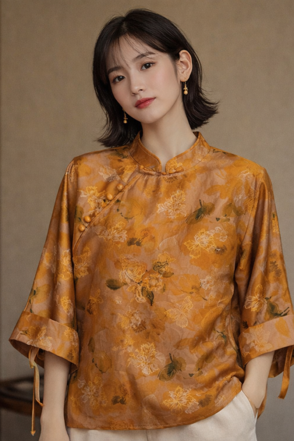 Golden Floral Mulberry Silk Mandarin Blouse