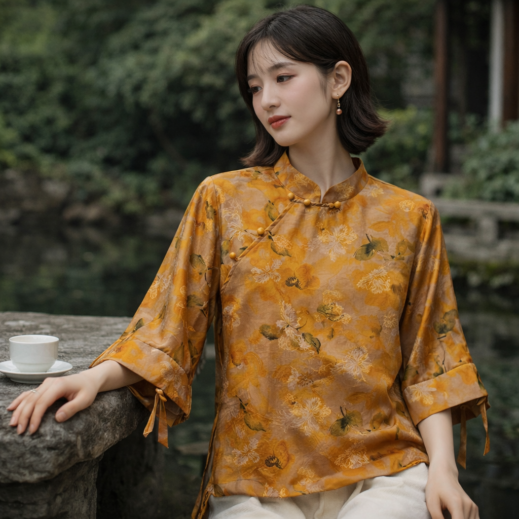 Golden Floral Mulberry Silk Mandarin Blouse - Image 3