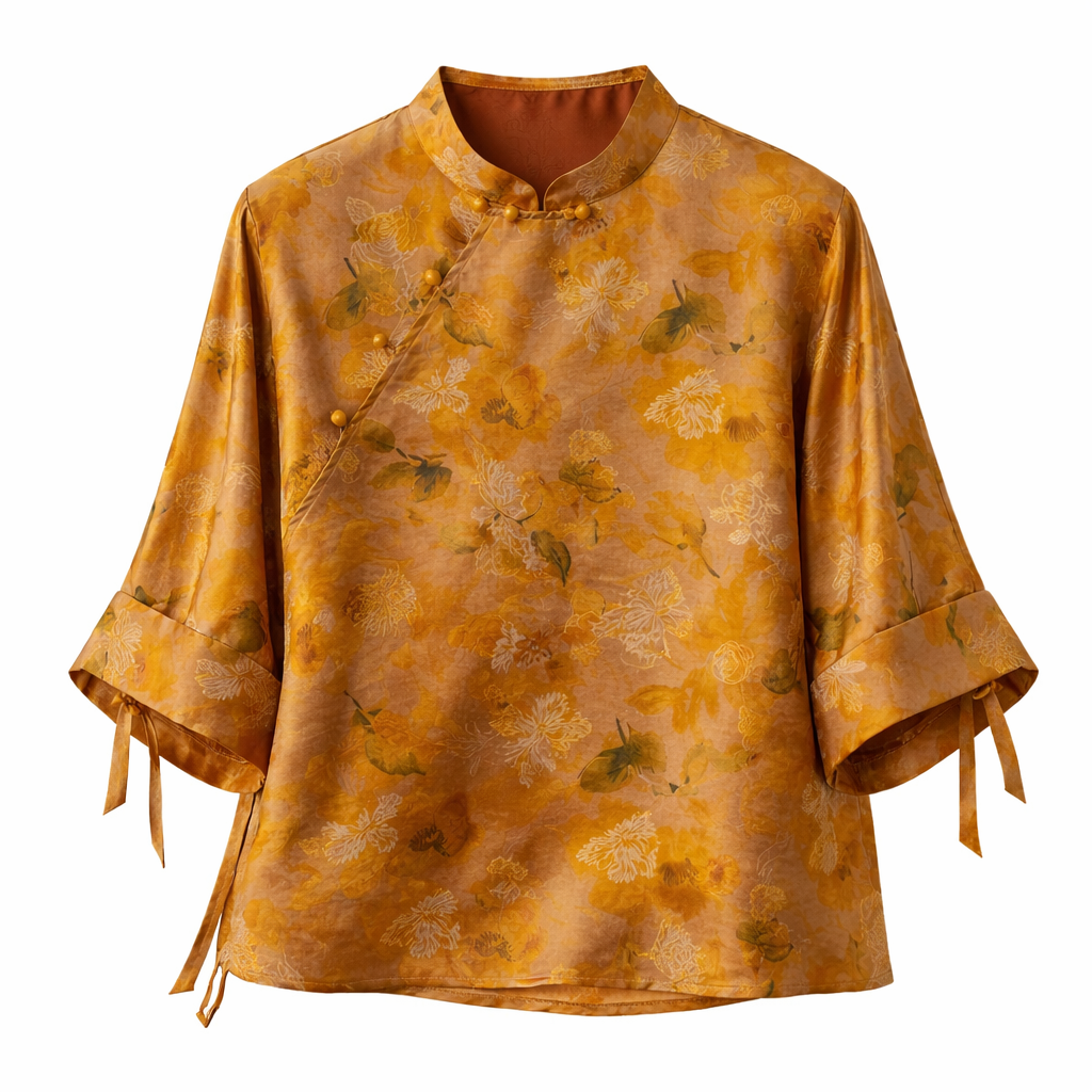 Golden Floral Mulberry Silk Mandarin Blouse - Image 4