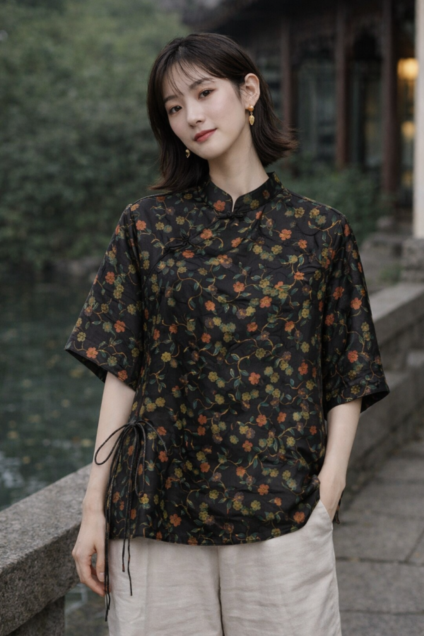 Black Floral Silk Blouse