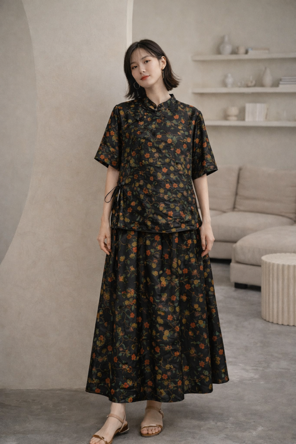 Black Floral Silk Dress