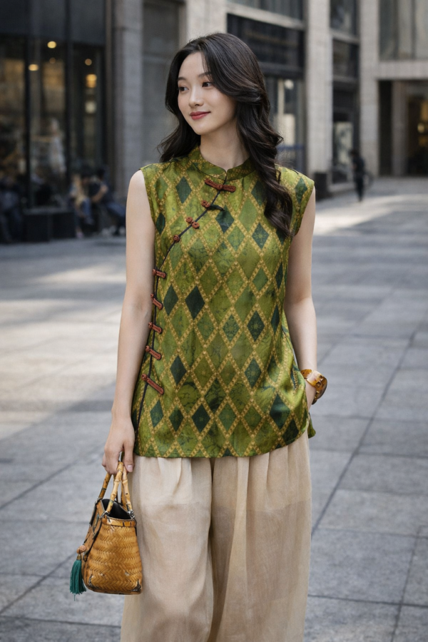 Emerald Lattice Mulberry Silk Mandarin Collar Blouse