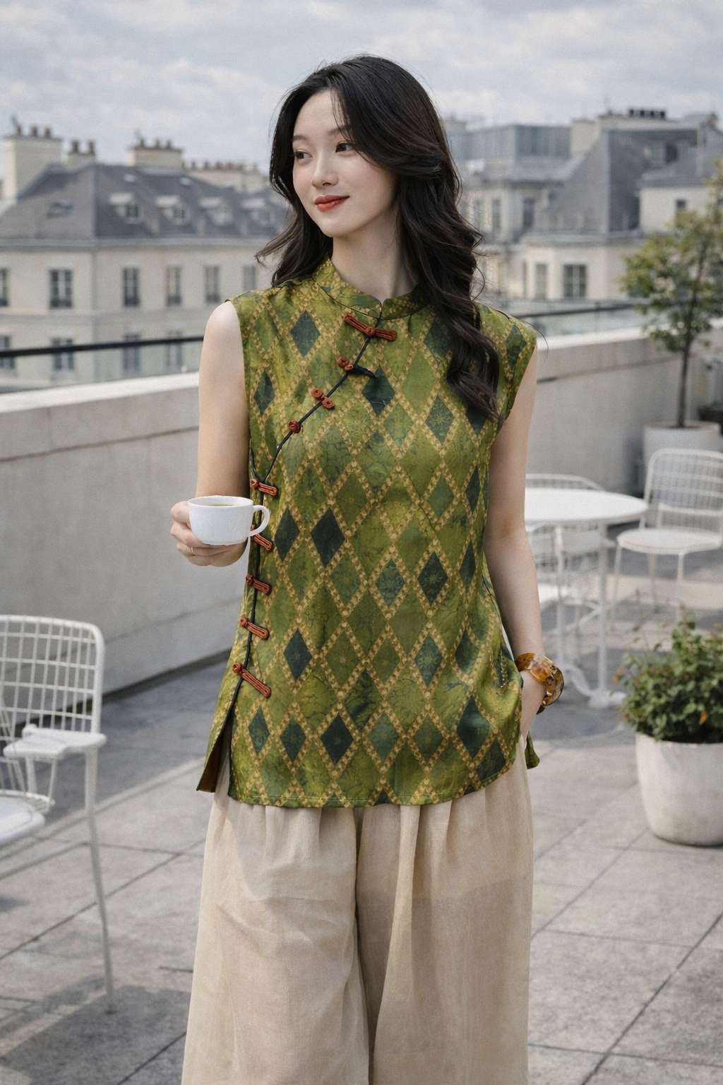 Emerald Lattice Mulberry Silk Mandarin Collar Blouse - Image 3
