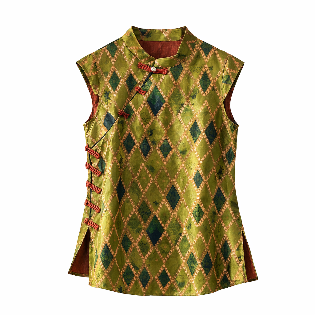Emerald Lattice Mulberry Silk Mandarin Collar Blouse - Image 5