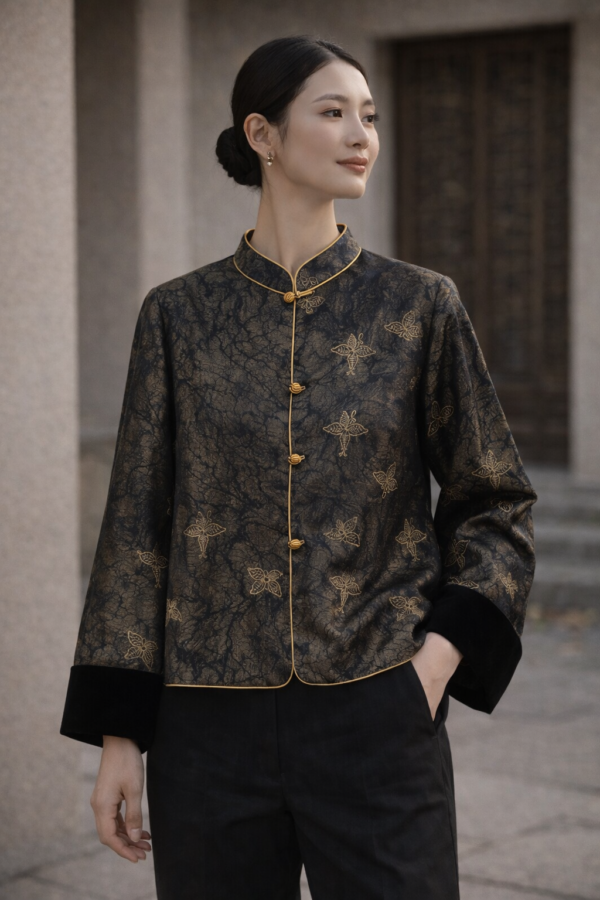 Imperial Shadow Silk Jacket | Heritage Brocade Mandarin Collar Evening Coat