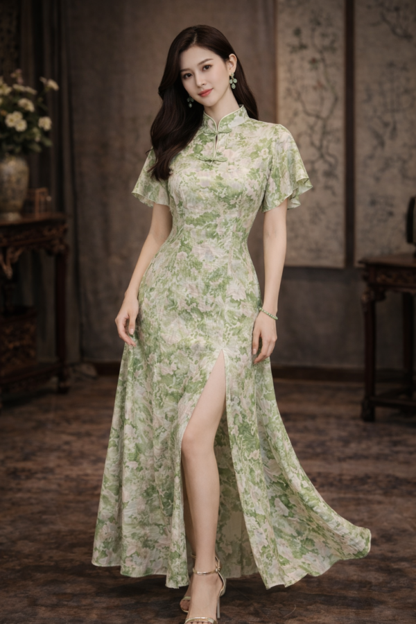 Jade Mist Modern Neo-Chinese Floral Dress