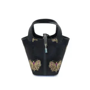 Midnight Monarch Embroidered Bucket Bag – Gold Butterfly Statement Handbag