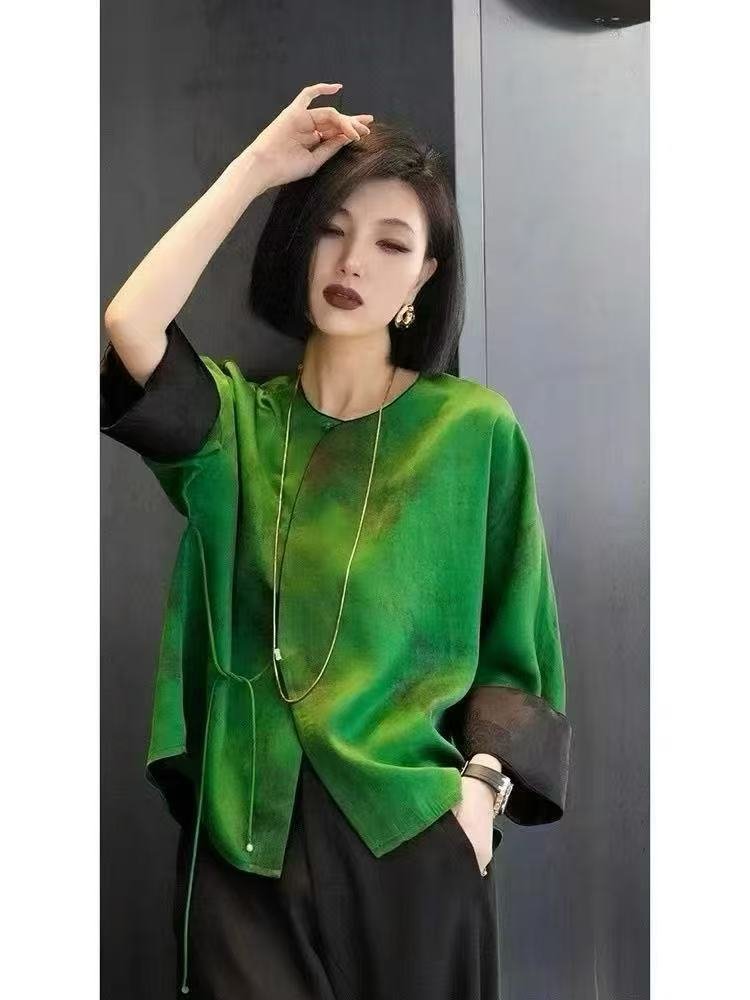 Green Silk-Blend Blouse | Handmade Modern Oriental Top - Image 2