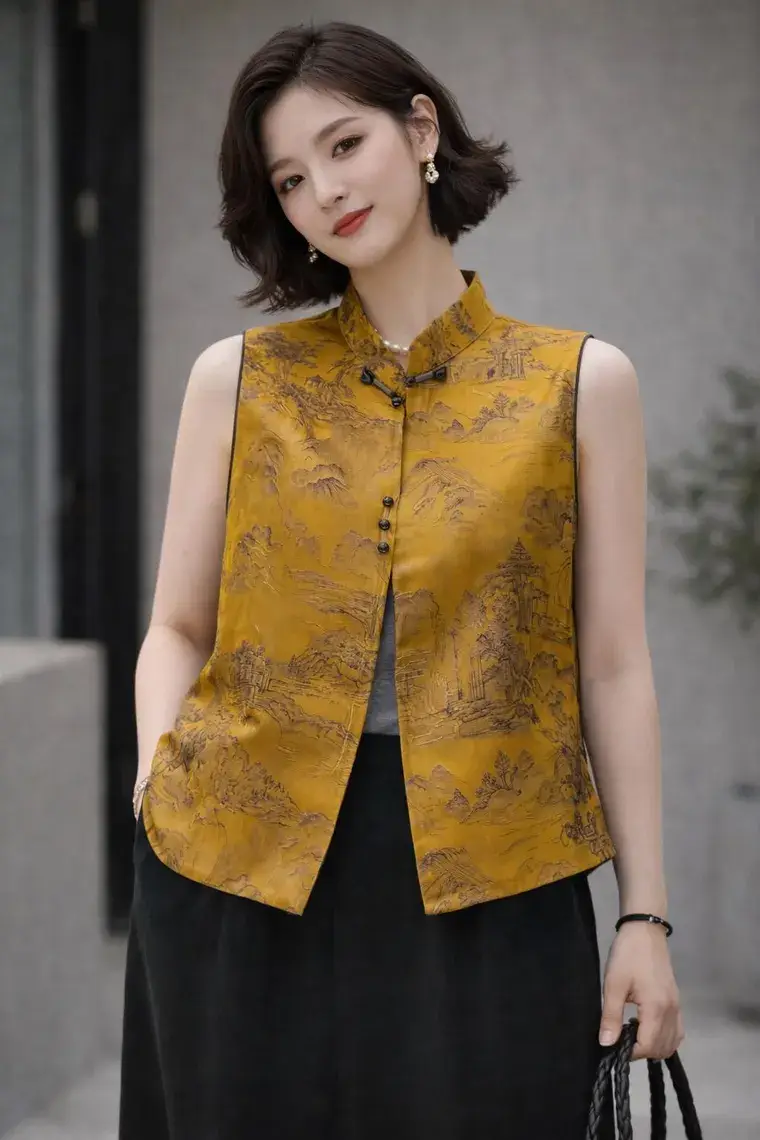 Sleeveless Chinese Brocade Vest – Modern New Chinese Style Jacket, Elegant Layering Top
