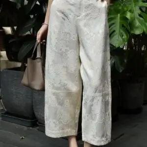Ivory Lace Wide-Leg Pants – Elegant High-Waisted Floral Jacquard Trousers | Modern Chinese Chic | Resort & Garden Party Wear