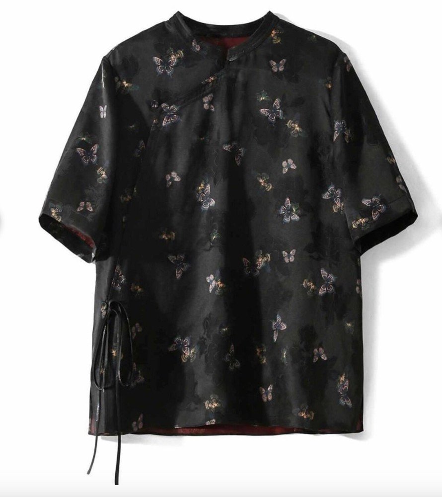 Midnight Butterfly Mulberry Silk Mandarin Blouse – Modern Chinese Silk Top - Image 6