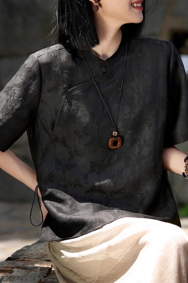 Obsidian Jacquard Mulberry Silk Wrap Blouse