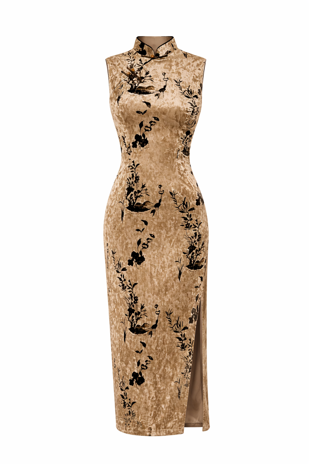 DeerHui Secret · Golden Bamboo Velvet Qipao Dress - Image 4