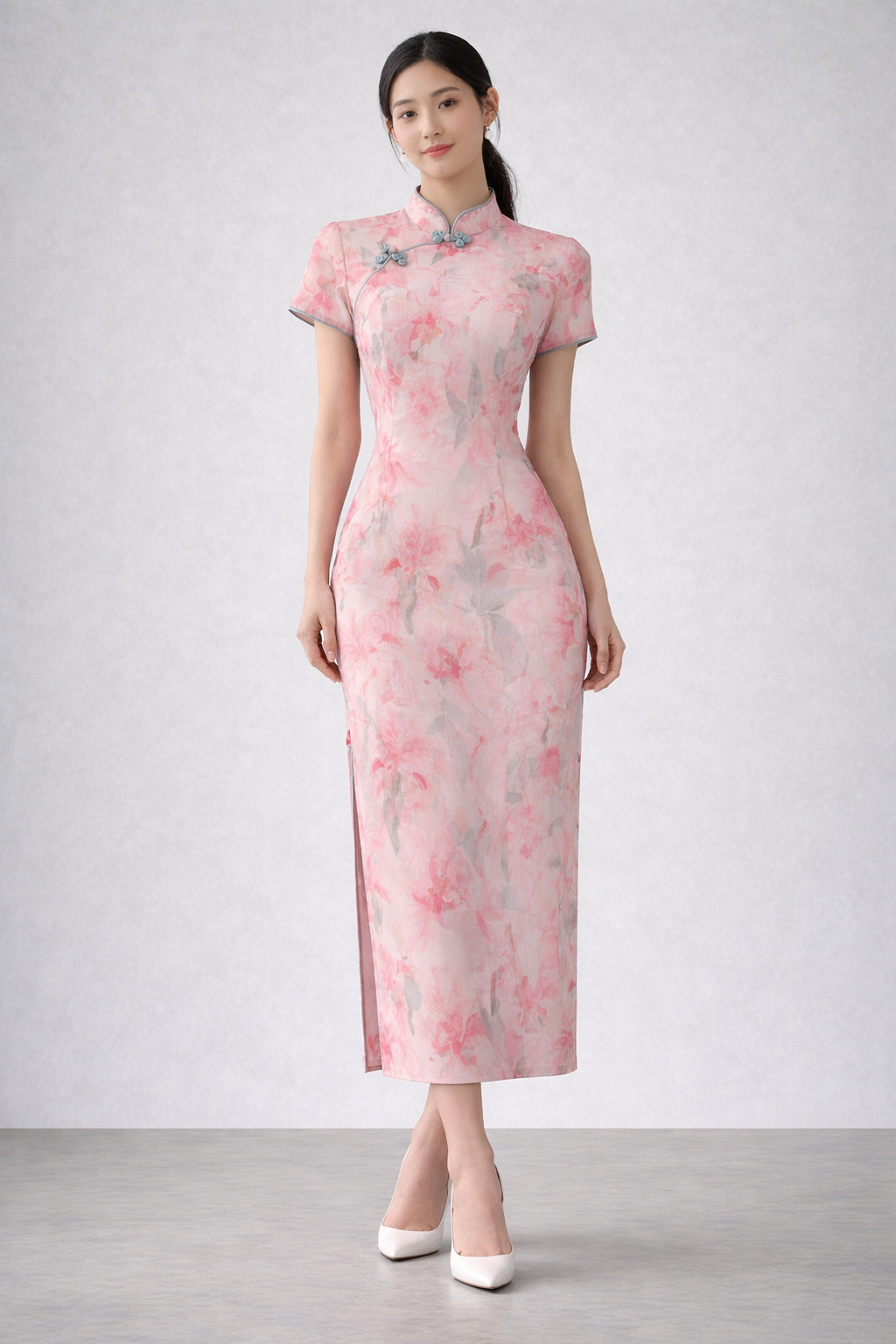 Blush Peony Sleeveless Cheongsam – Modern Floral Qipao - Image 3