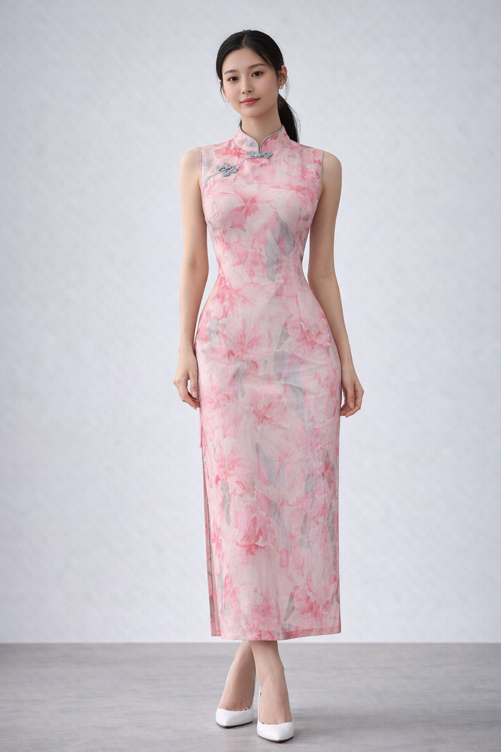 Blush Peony Sleeveless Cheongsam – Modern Floral Qipao - Image 4