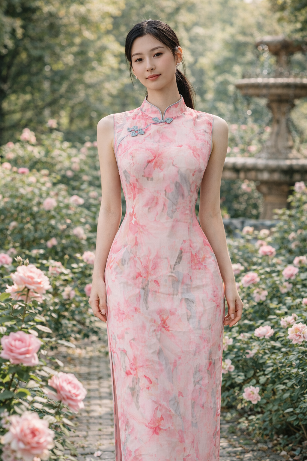 Blush Peony Sleeveless Cheongsam – Modern Floral Qipao - Image 5