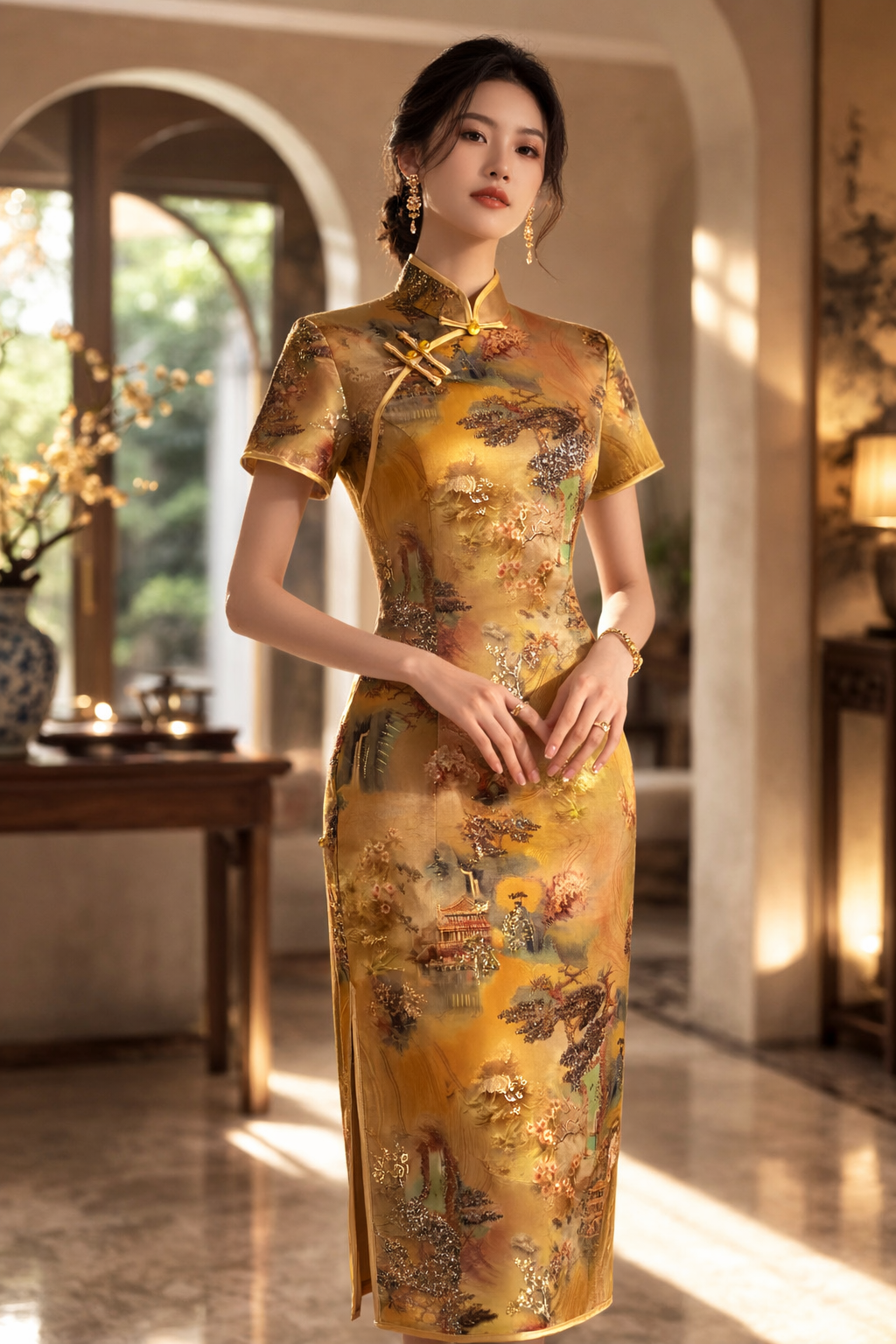 DeerHui Secret · Black Velvet Cheongsam Dress - Long Sleeve Manderin Collar Qipao - Image 2
